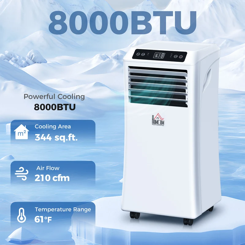 8000BTU Portable Air Conditioner, Dehumidifier, Remote, 2 Speed Fans, 24-Hour Timer, White