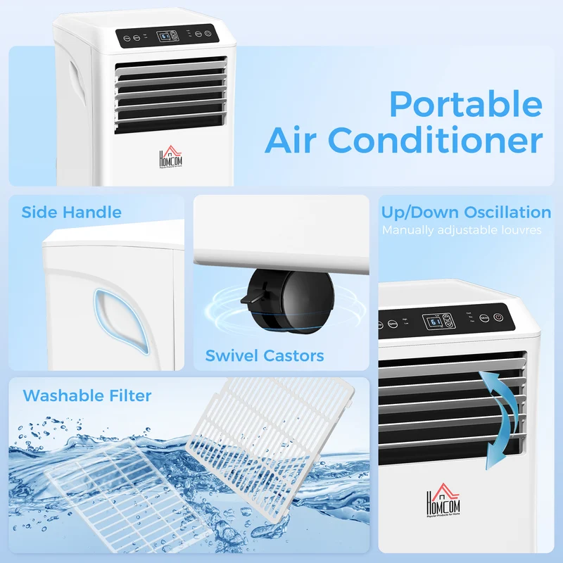 8000BTU Portable Air Conditioner, Dehumidifier, Remote, 2 Speed Fans, 24-Hour Timer, White