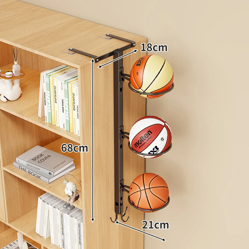 Multi-Ball Vertikaler Über-Regal Sportball Organizer mit kreisförmigen Halterungen und Hakenaufbewahrung