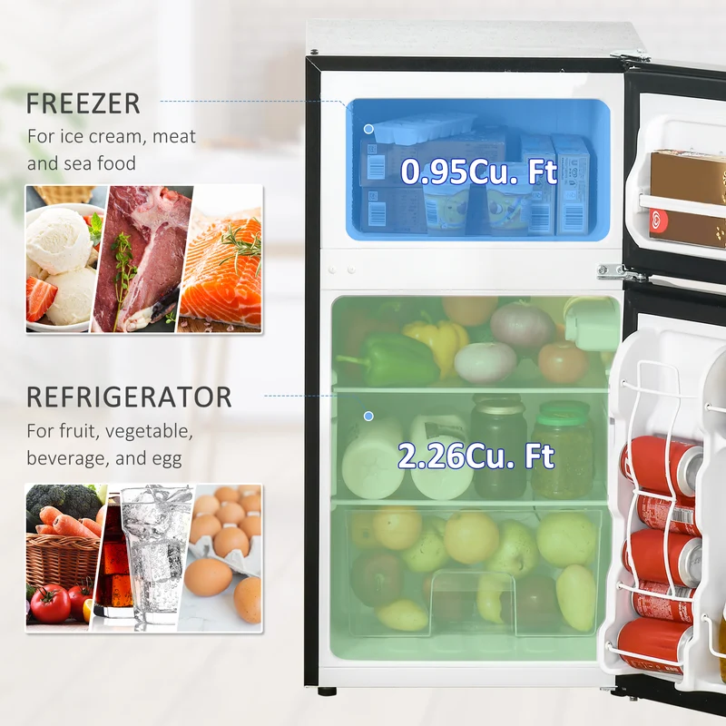 3.2 Cu Ft Mini Fridge with Double Door, Adjustable Thermostat & Energy Efficient, Black
