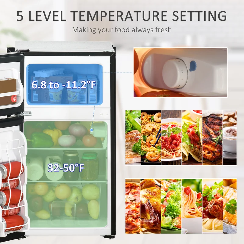 3.2 Cu Ft Mini Fridge with Double Door, Adjustable Thermostat & Energy Efficient, Black