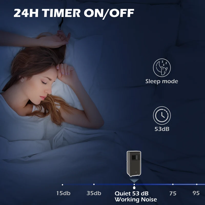 8,000 BTU Portable Air Conditioner, 345 Sq. Ft., Dehumidifier, Auto Sleep, 24H Timer, Black