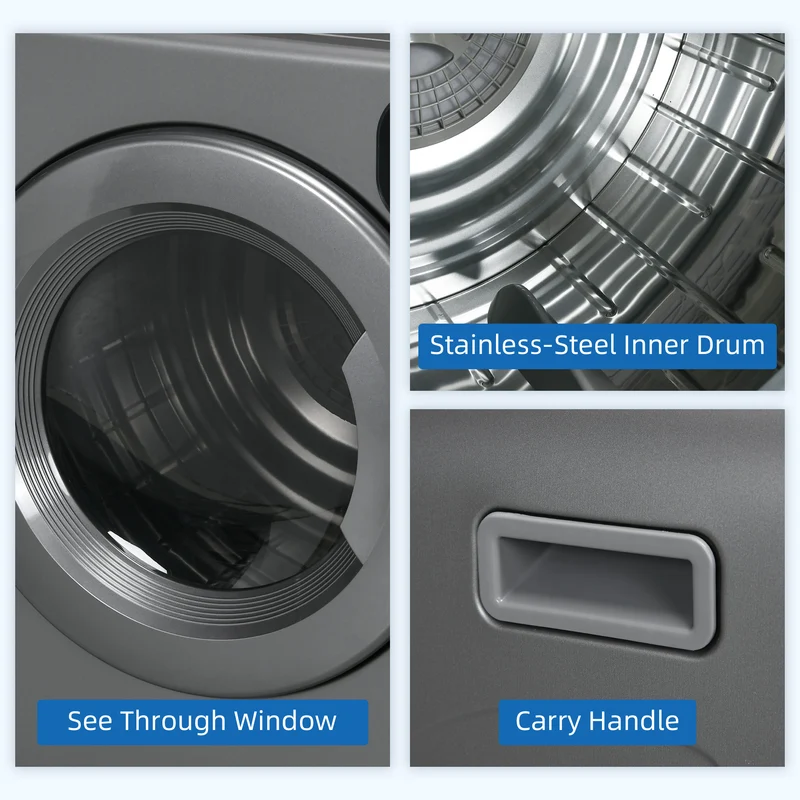 3.2 cu.ft Stainless Steel Laundry Dryer, 1300W Portable Front Load Electric Dryer, Gray