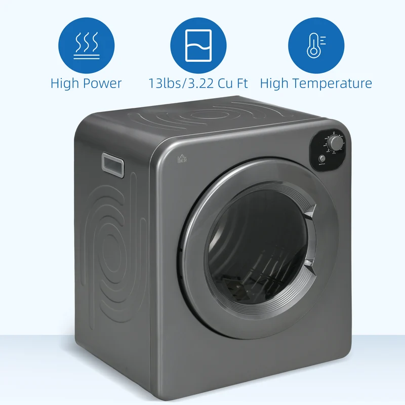 3.2 cu.ft Stainless Steel Laundry Dryer, 1300W Portable Front Load Electric Dryer, Gray