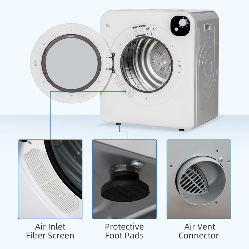 3.2 cu.ft Stainless Steel Laundry Dryer, 1300W Portable Front Load Electric Dryer, White