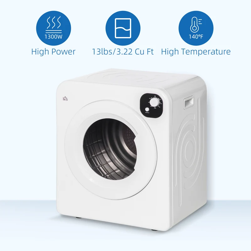 3.2 cu.ft Stainless Steel Laundry Dryer, 1300W Portable Front Load Electric Dryer, White