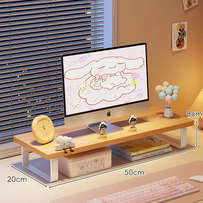 Erhöhter Monitorständer mit Holz-Optik-Oberfläche, Metallrahmen und Unterregal-Stauraum
