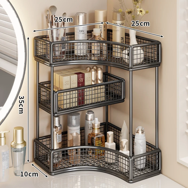 Gekrümmte Ecke Dreitier Metall Mesh Schminktisch und countertop Organizer