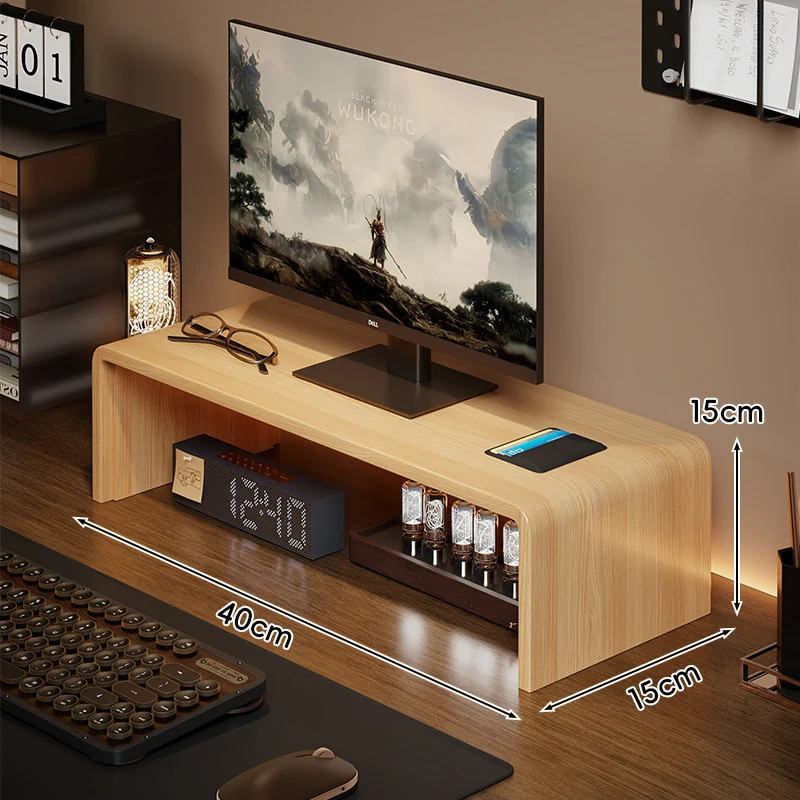 Niedrigprofilierte gebogene Desktop-Monitor-Plattform mit integriertem Unterregal-Organizer und ambienter Hintergrundbeleuchtung