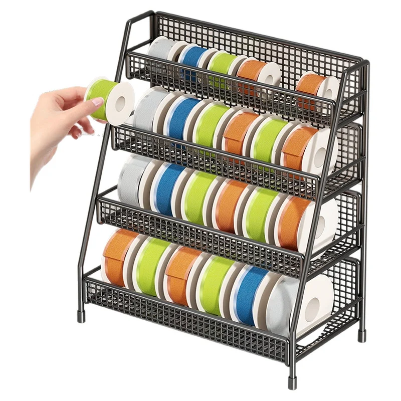 Vierstufiger geneigter Drahtgitter-Roll-Organizer-Ständer für Klebeband, Bänder und Bastelspulen