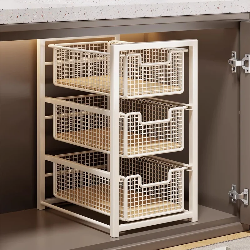 Unter-Schrank Gleitender Drei-Ebenen Mesh Korb Organizer mit Abnehmbaren Behältern