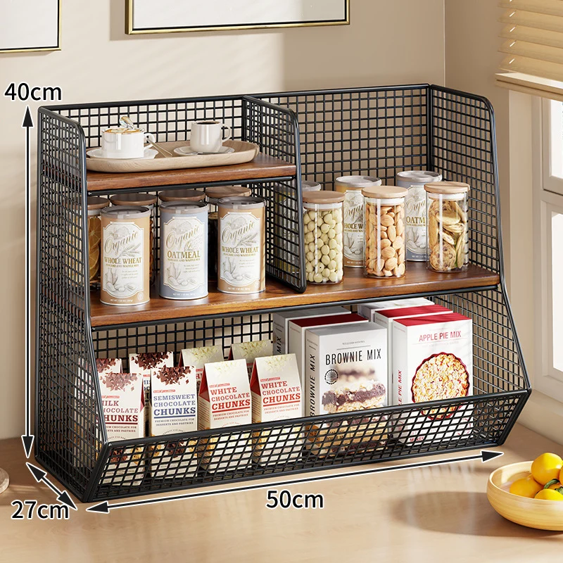 Multi-Ebenen Drahtgitter Arbeitsplatten Vorratsraum Organizer mit Holzregalen und Korb