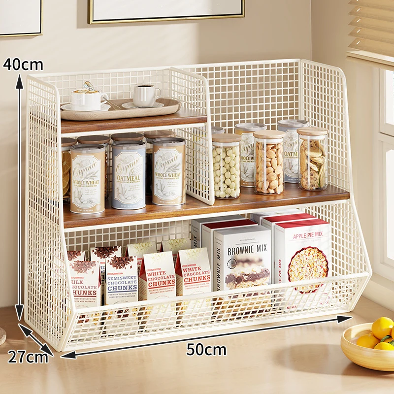 Multi-Ebenen Drahtgitter Arbeitsplatten Vorratsraum Organizer mit Holzregalen und Korb