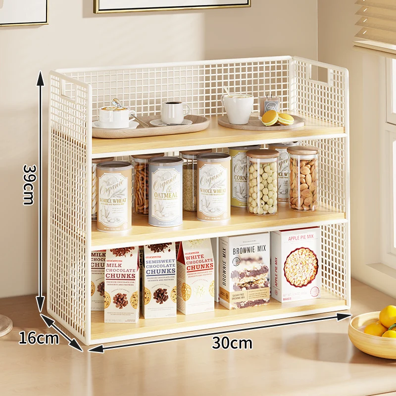 Multi-Ebenen Drahtgitter Arbeitsplatten Vorratsraum Organizer mit Holzregalen und Korb