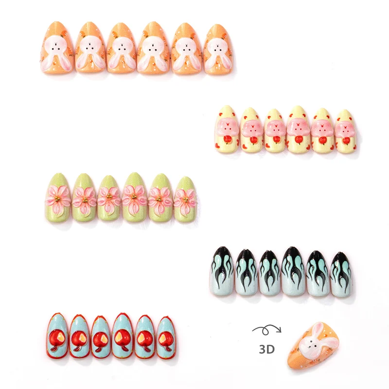 Verspieltes Kaninchen und Blumen Press-On Nagelkunst Set