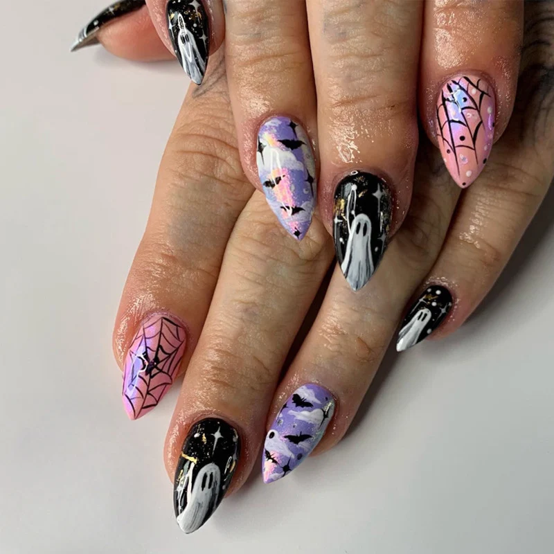 Halloween-Themen Gespenst und Spinne Druck-On-Nagelkunstset