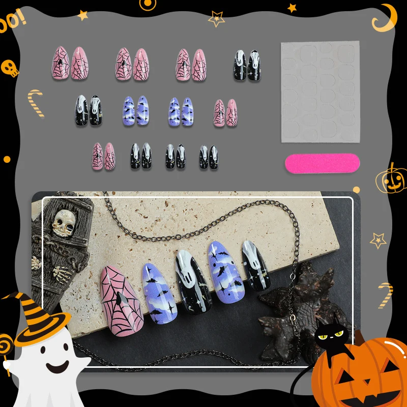 Halloween-Themen Gespenst und Spinne Druck-On-Nagelkunstset