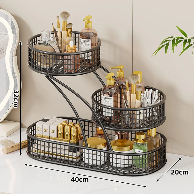 Dreischichtiger Mesh-Vanity- und Arbeitsplatten-Organizer mit integriertem Taschentuchslot und Metallgitterkörben