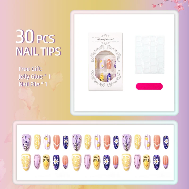 Manuelles Nagelkunst-Set mit floralen und Zitronendesigns