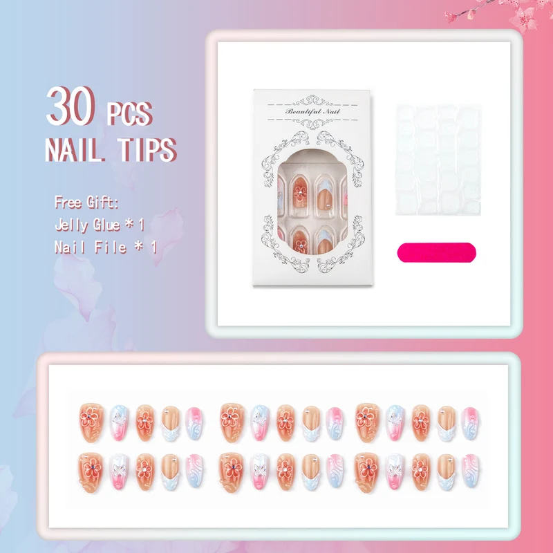 Handgefertigtes Press-On-Nagel-Set mit Blumen- und Schmetterlingsdesigns