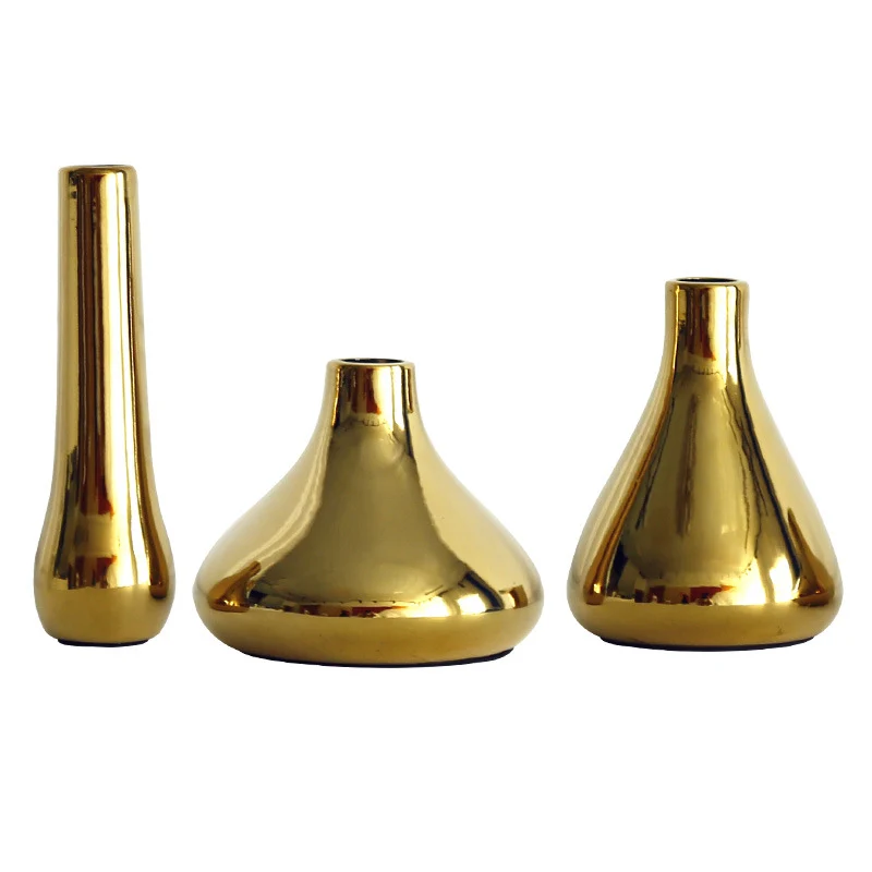Keramik-Blumenvase mit Goldfinish, geometrisch