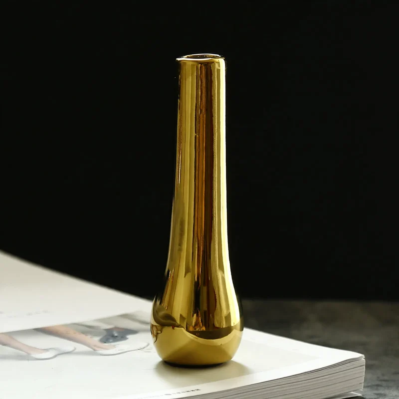 Keramik-Blumenvase mit Goldfinish, geometrisch