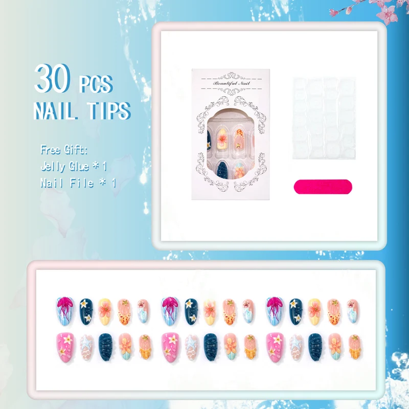 Blumenmeer-inspirierte Press-On-Nagelkunst-Set