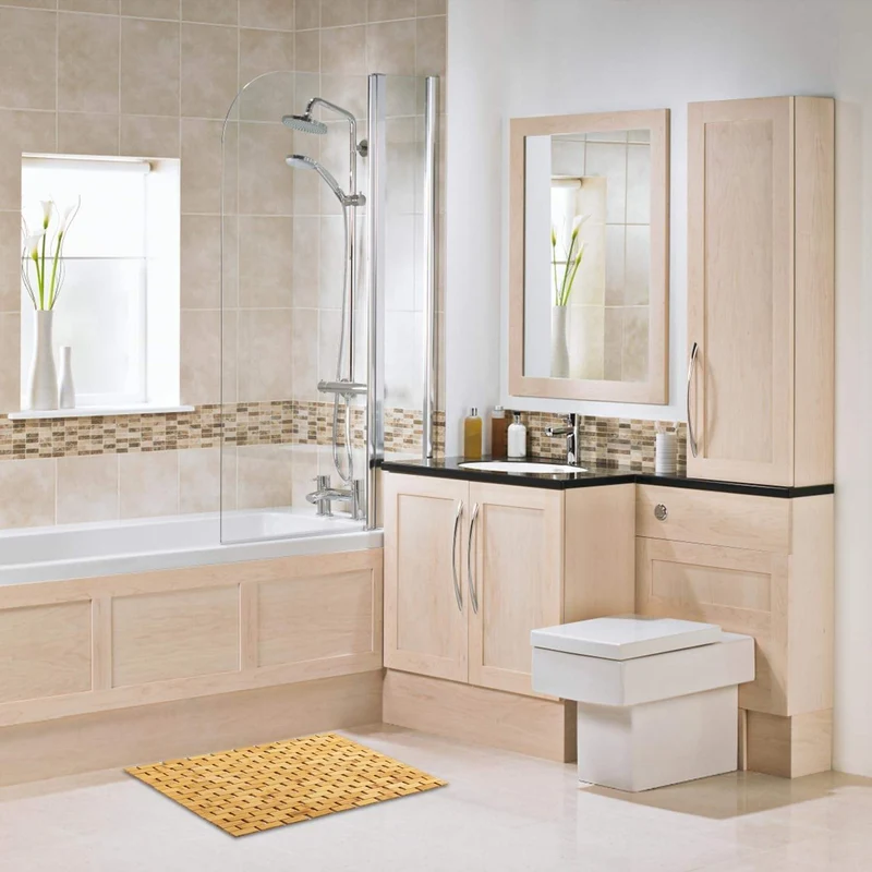 Skanto | Bambus-Badematte Rutschfester wasserabweisender Läufer für das Badezimmer Natürliche Holz-Duschmatte Rutschfester Stoff