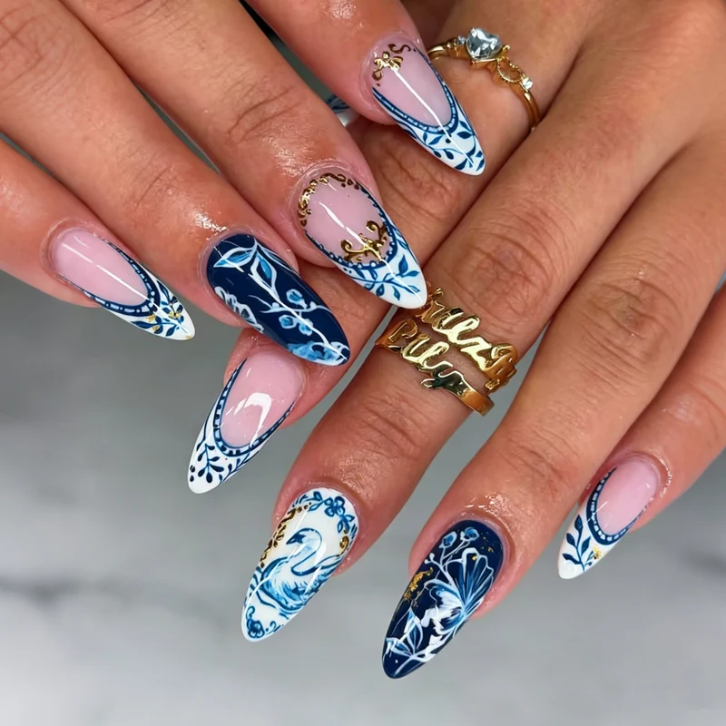 Elegantes Floral- und Schwan-Press-On-Nail-Design