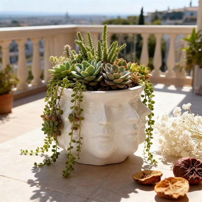 Moderner Blumentopf mit geometrischem Gesichtsmuster