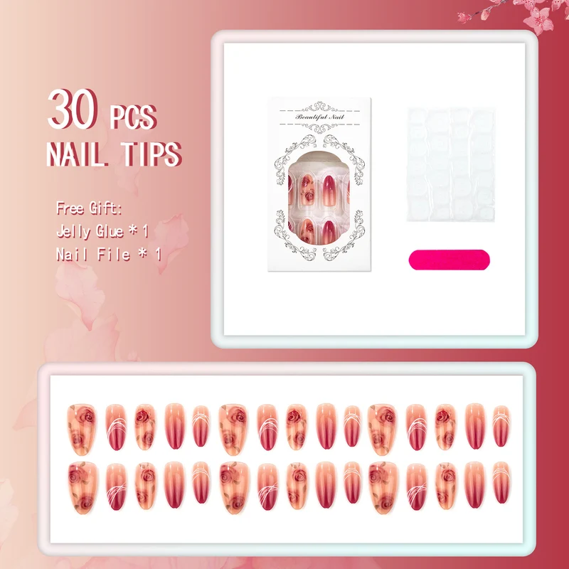 Elegantes Rosen Design Press-On Nagelset
