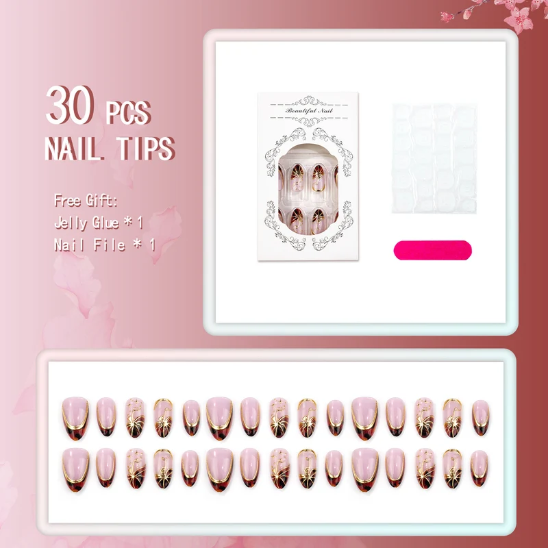 Elegantes Press-On-Nagelset mit hochwertigen Goldakzenten