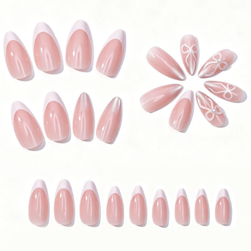 Elegante Press-On Nagelset mit Schleife und Glitzerakzenten