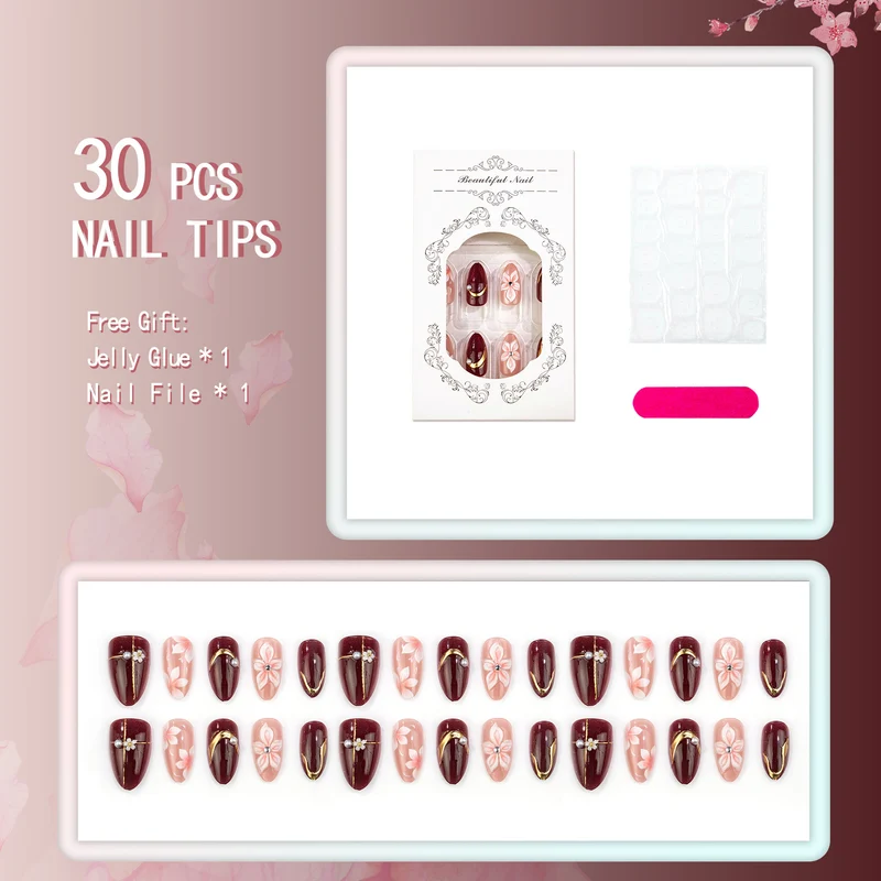 Elegantes Press-On-Nagelkunst-Set mit floralen Akzenten