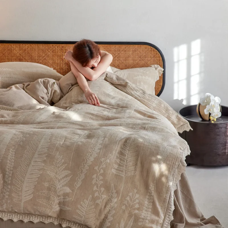Leinen-Bettwäsche-Set, 4-teilig, Jacquard-Muster