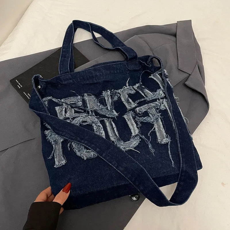 Zerrissene Denim Grafik Tragetasche