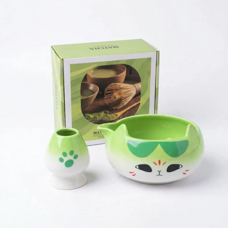 Matcha-Schale Set, Keramik, Katzen-Design, japanisch