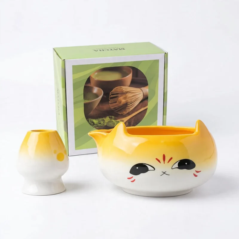 Matcha-Schale Set, Keramik, Katzen-Design, japanisch