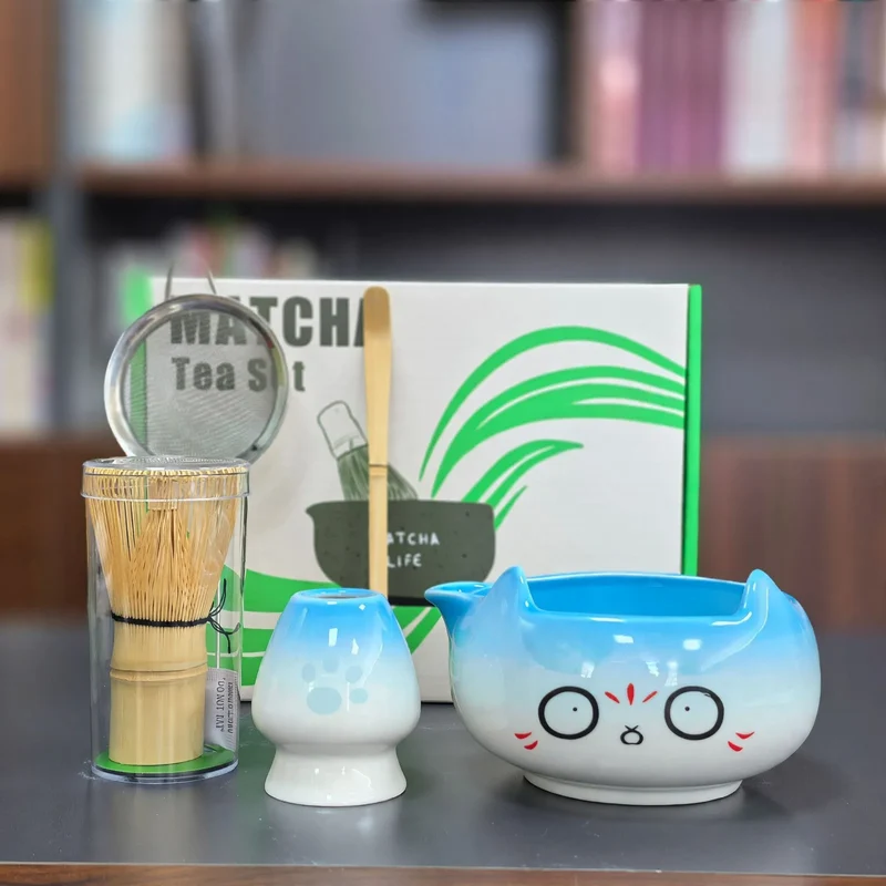 Matcha-Schale Set, Keramik, Katzen-Design, japanisch