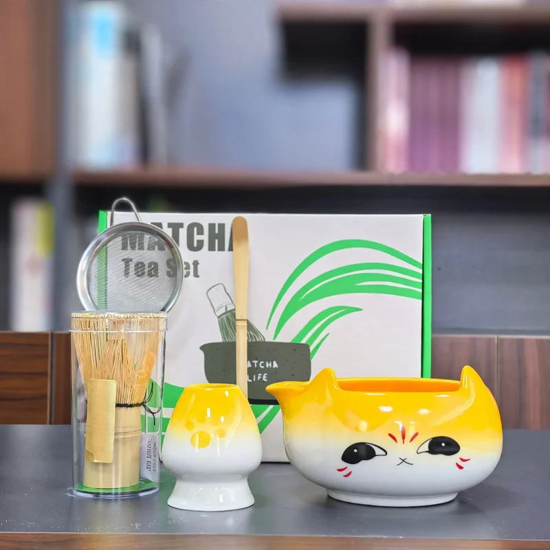 Matcha-Schale Set, Keramik, Katzen-Design, japanisch