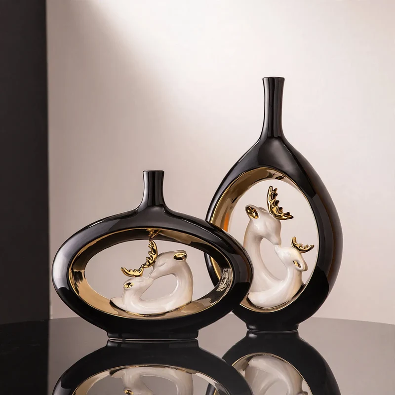 Keramik-Blumenvase mit Hirsch-Motiv
