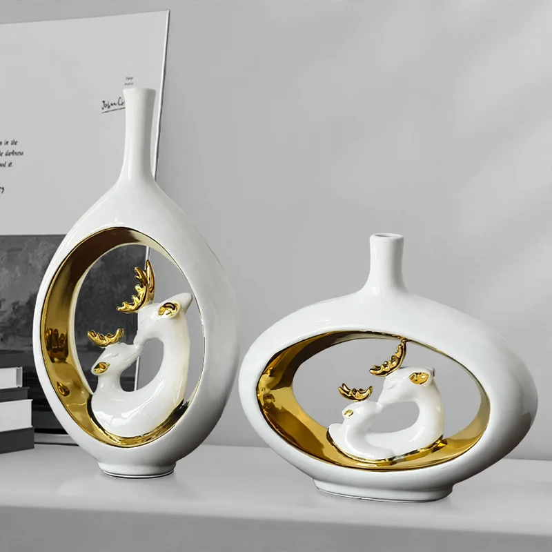 Keramik-Blumenvase mit Hirsch-Motiv