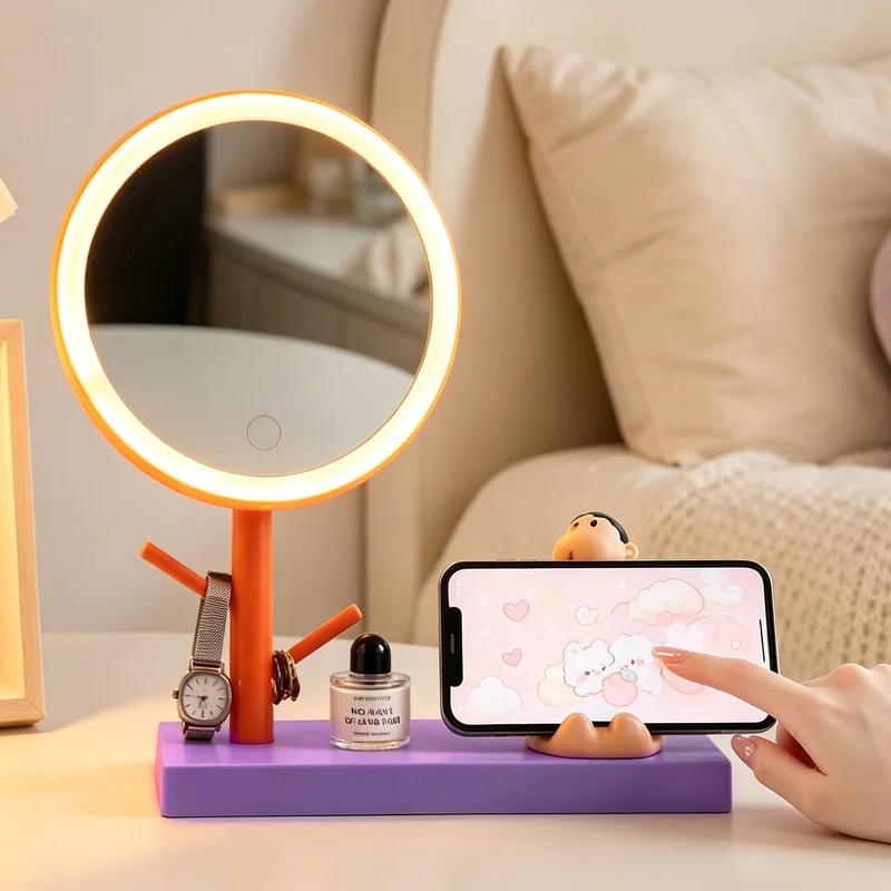 LED-Schminkspiegel mit Ständer und Handyhalter