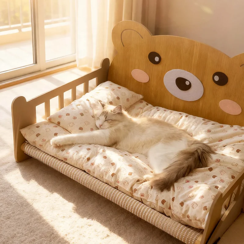 Holz-Haustierbed mit integrierter Leiter