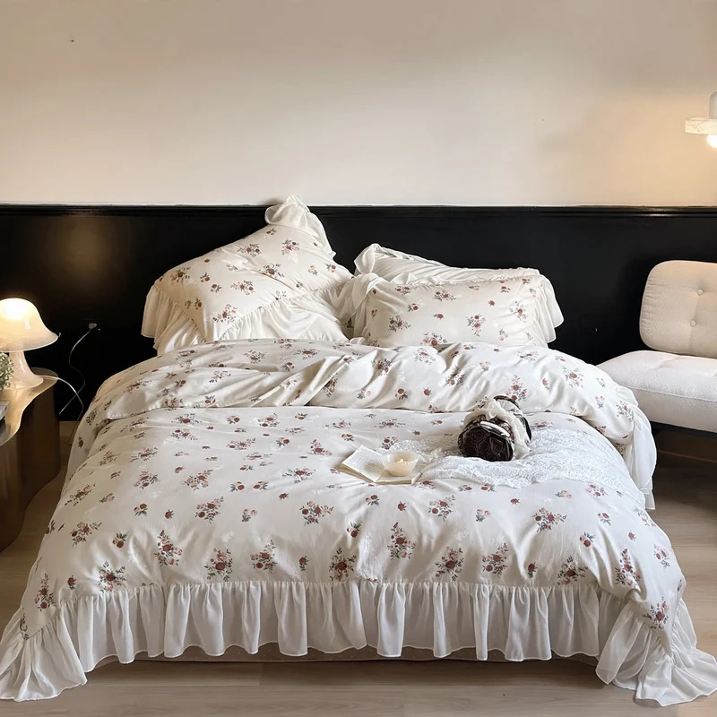 Baumwoll-Bettwäsche-Set, Vintage-Rosen mit Spitze