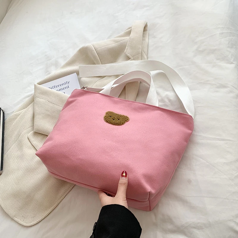 Casual Canvas Tragetasche mit süßer Bärenapplikation