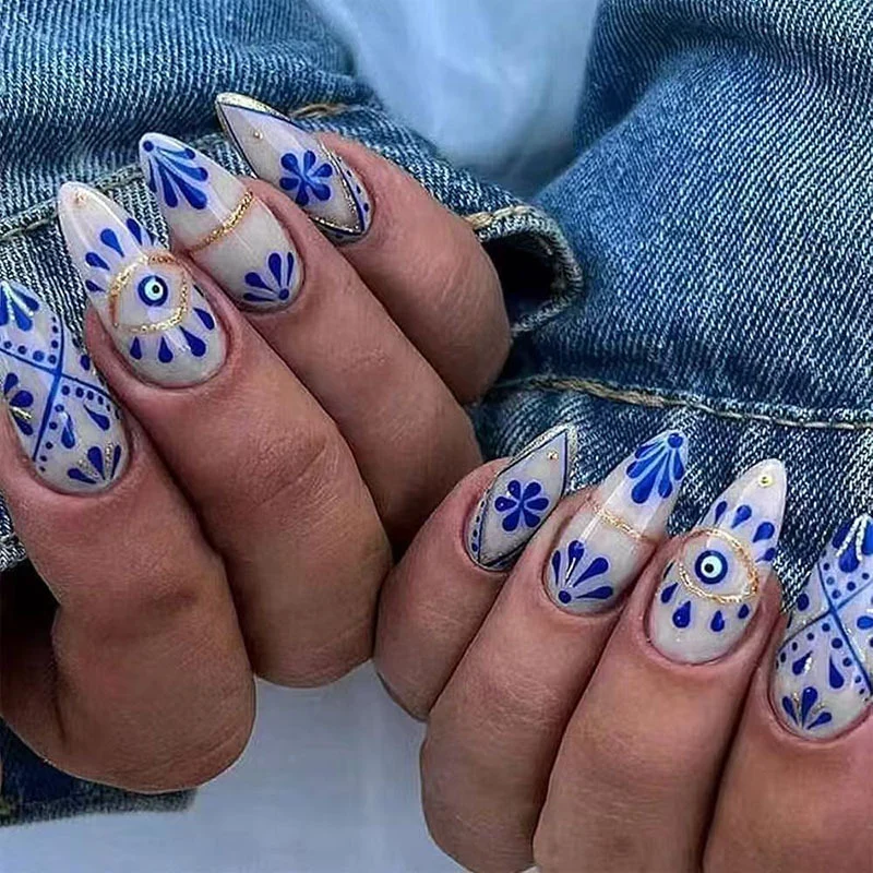 Künstlerische Florale Stiletto Druck-Nägel 1791110621