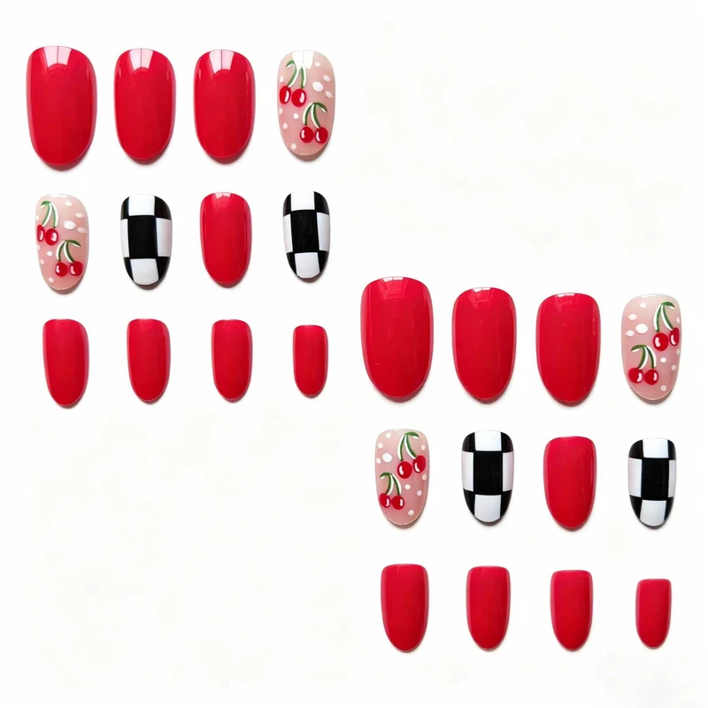 Kreatives Cherry- und Karierter Nagelkunst-Set