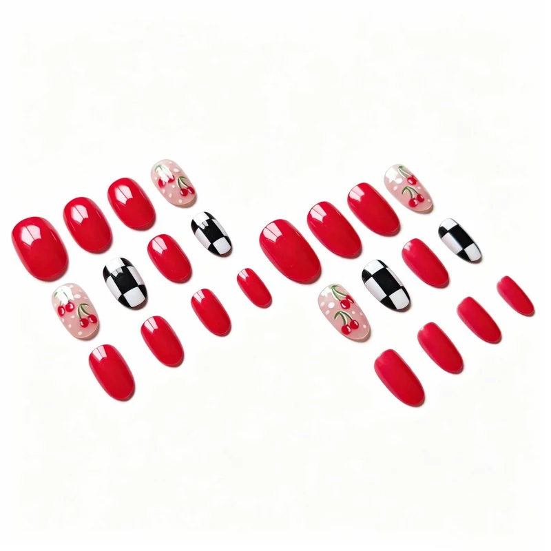 Kreatives Cherry- und Karierter Nagelkunst-Set