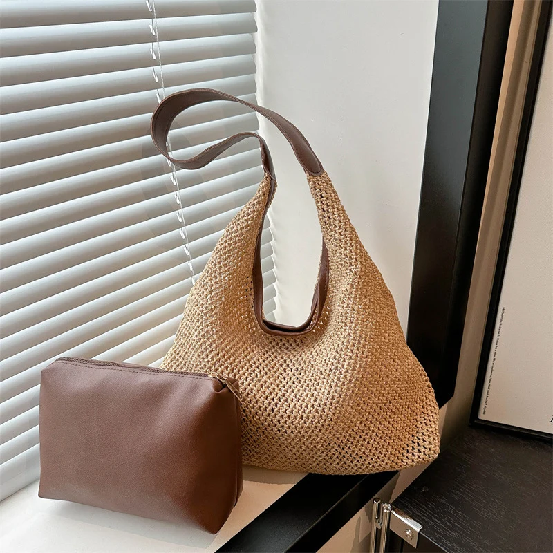 Handgefertigte Geflochtene Strohtasche mit Abnehmbarem Beutel